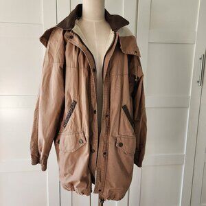 Vintage J.L.C. Utility Parka Jacket | Tan Cotton Safari Coat Leather Trim Small